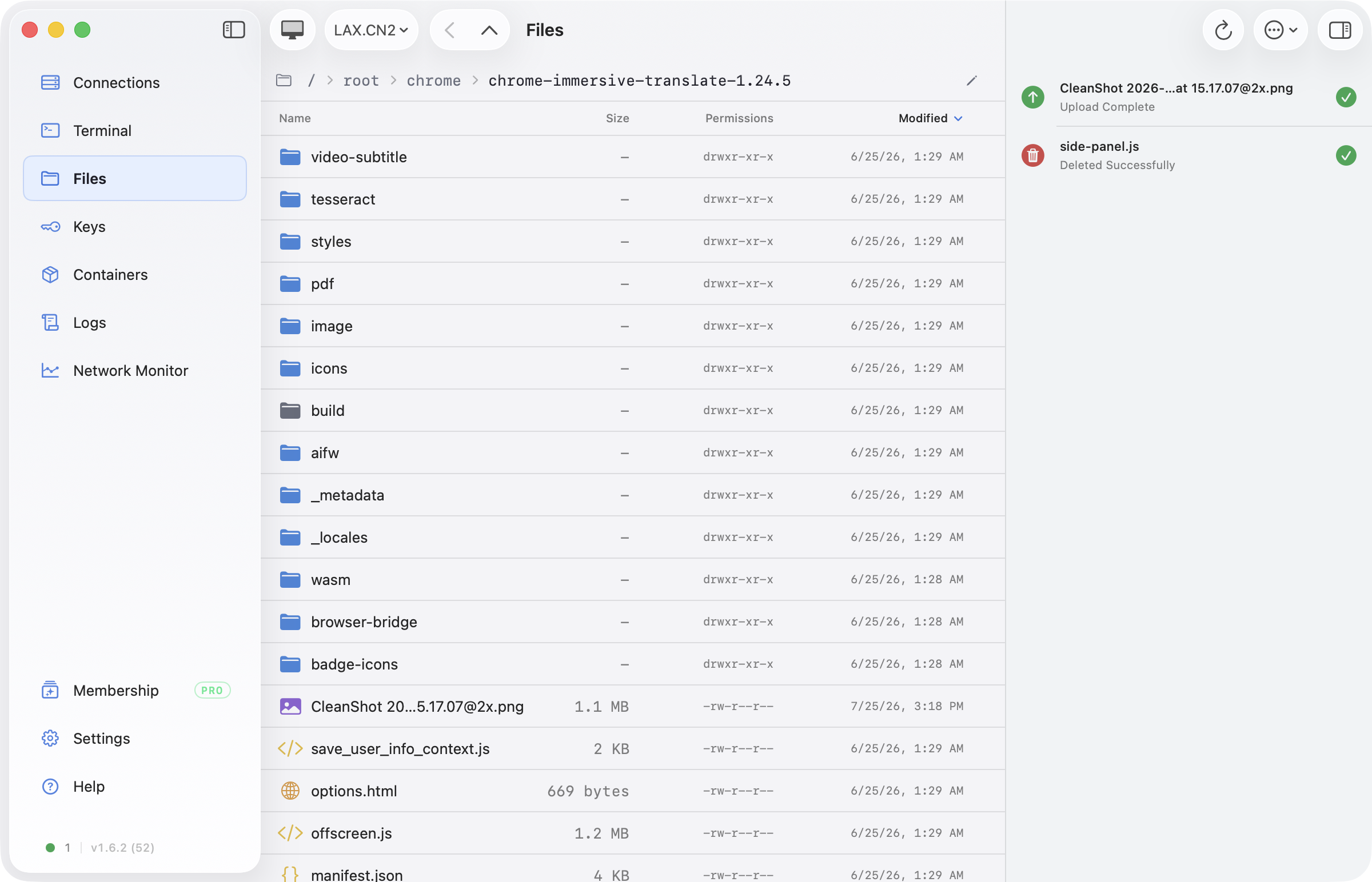 Nexus Shell Files view showing remote files and transfer activity